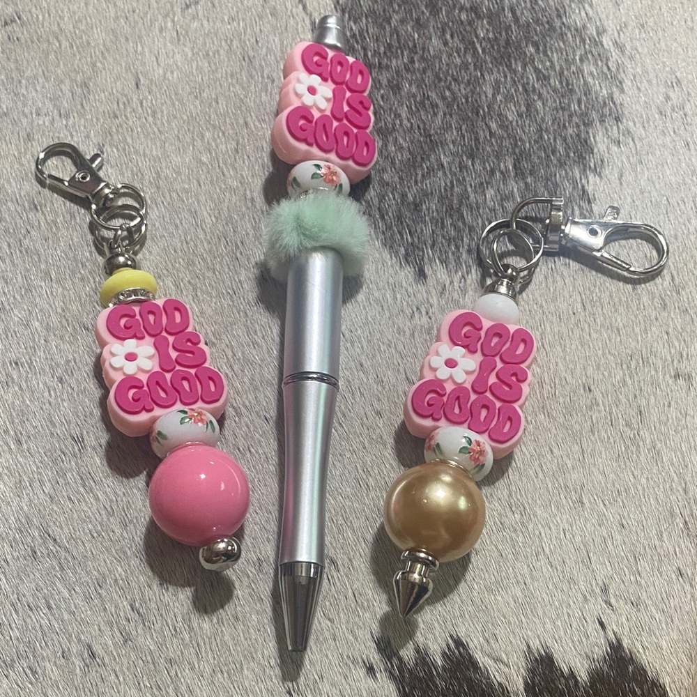 God Is Good Pink Floral Beaded Keychains and Pen Collection
